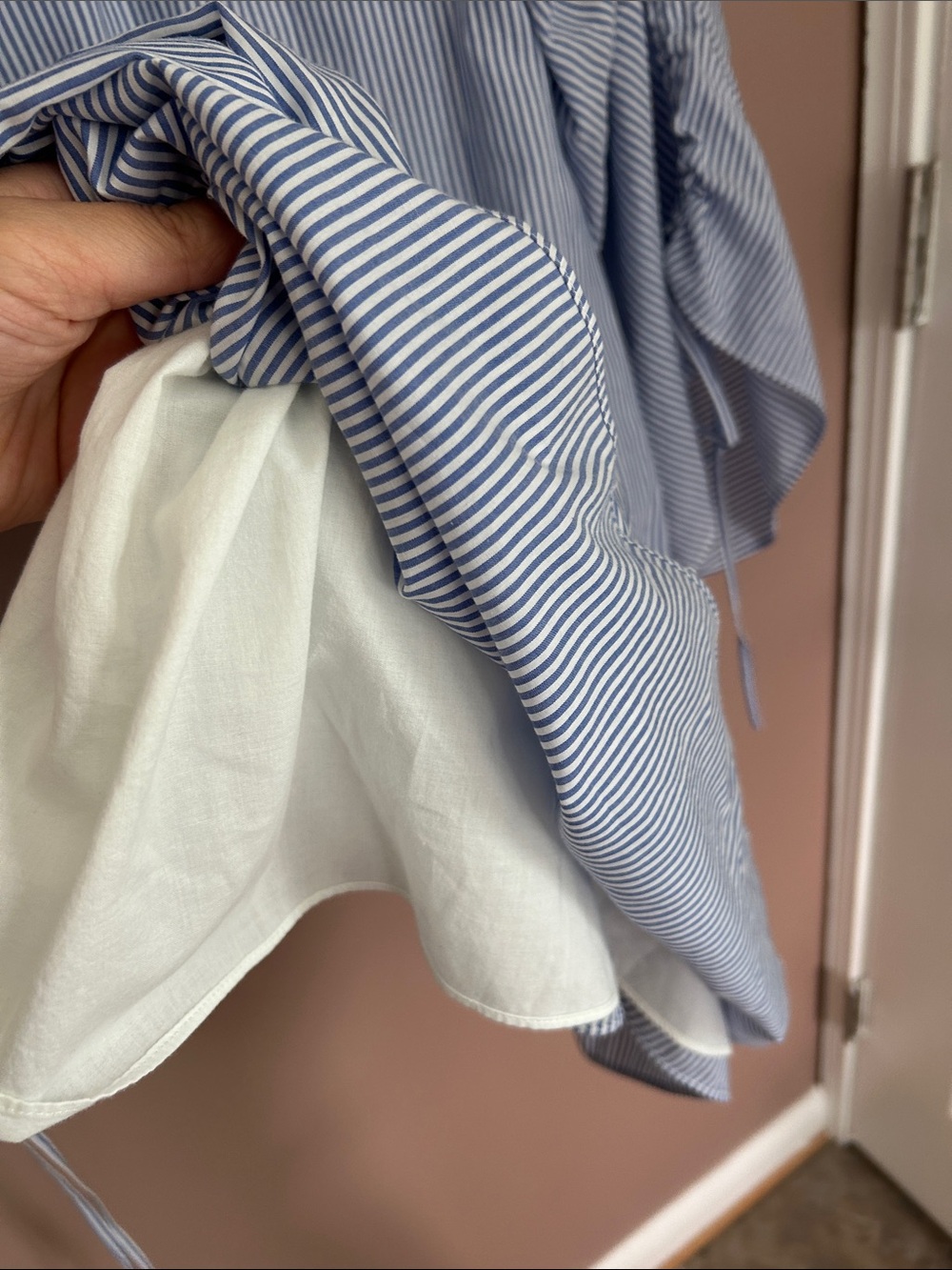 Tibi Elliot Striped Cotton Trapeze Dress Blue White Bell Sleeve Ruched Size 4 - Picture 8 of 14